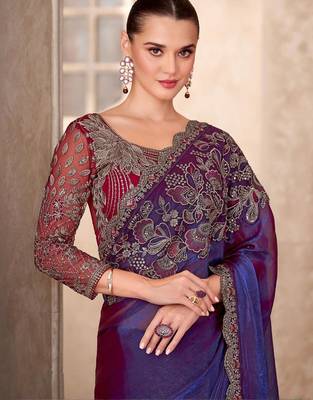 Blue ethnic motifs sequinned  georgette saree 3