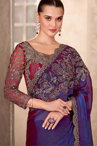 Blue ethnic motifs sequinned  georgette saree