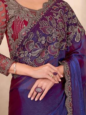 Blue ethnic motifs sequinned  georgette saree 4