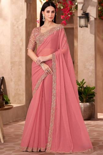 Peach sequinned  georgette saree