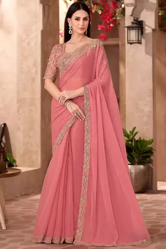 Peach sequinned  georgette saree