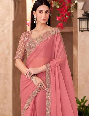 Peach sequinned  georgette saree 2