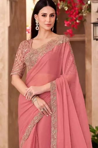 Peach sequinned  georgette saree