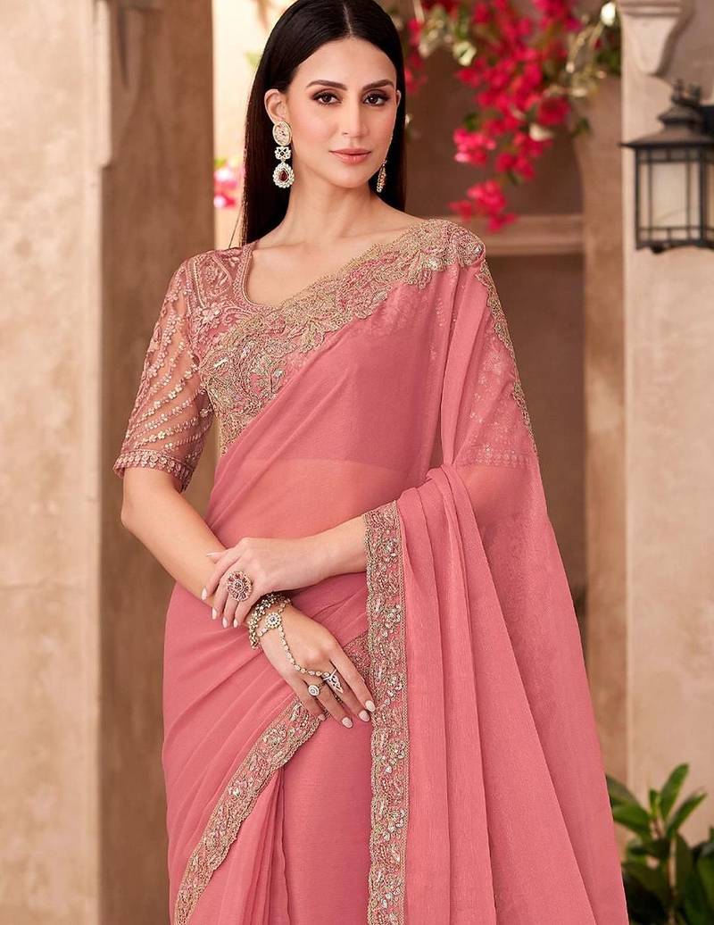 Peach sequinned  georgette saree
