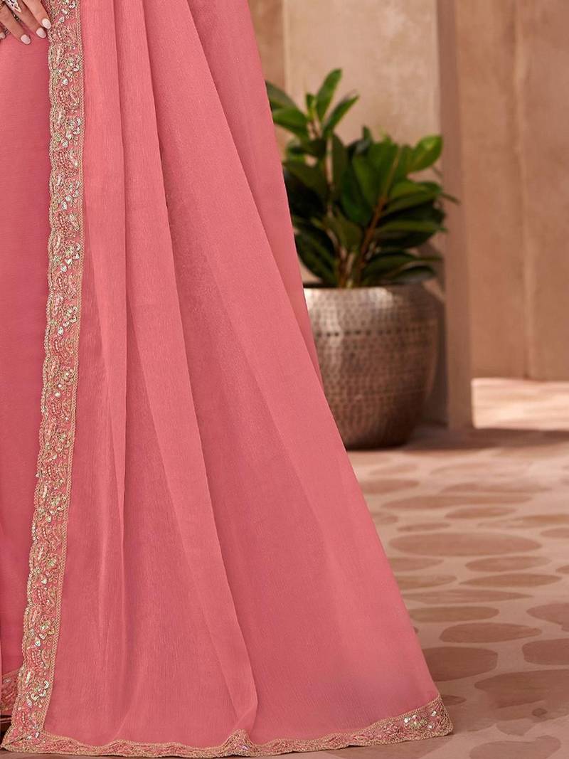 Peach sequinned  georgette saree
