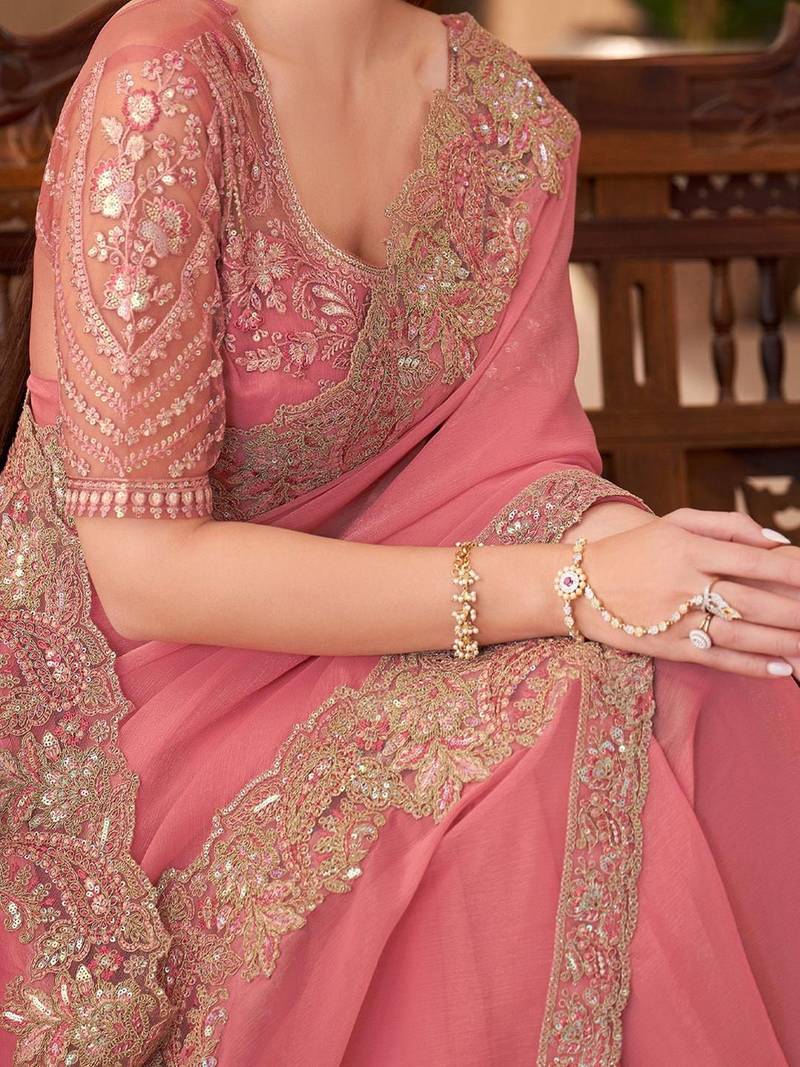 Peach sequinned  georgette saree