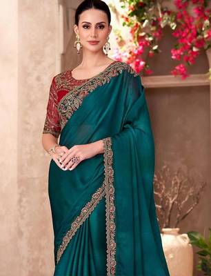 Teal embellished sequinned  chiffon saree 1