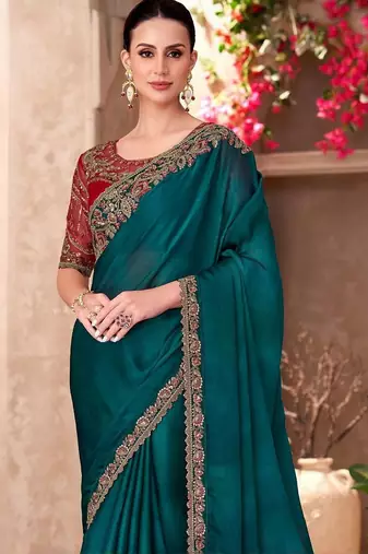 Teal embellished sequinned  chiffon saree