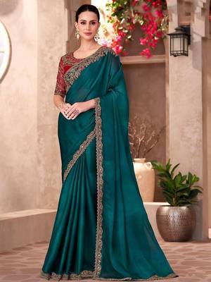 Teal embellished sequinned  chiffon saree 2