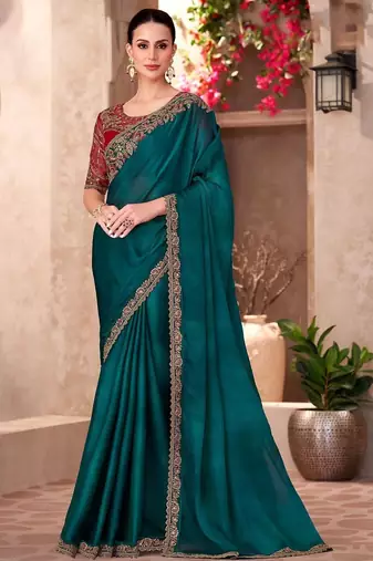 Teal embellished sequinned  chiffon saree