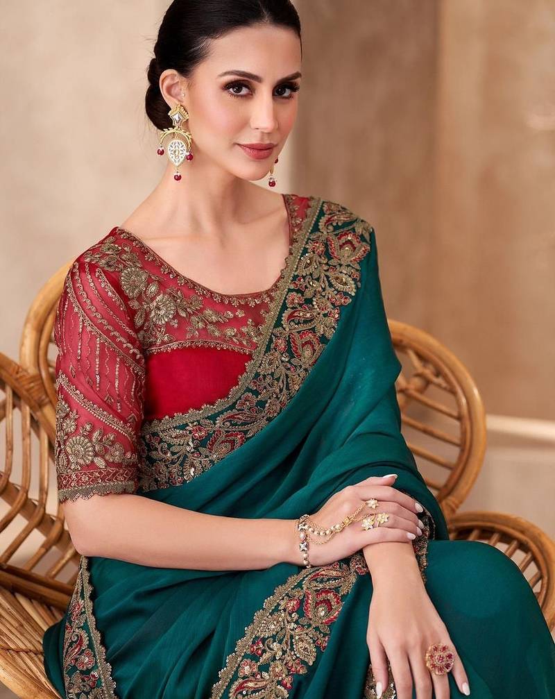 Teal embellished sequinned  chiffon saree