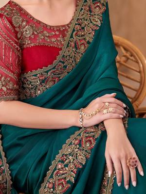 Teal embellished sequinned  chiffon saree 5