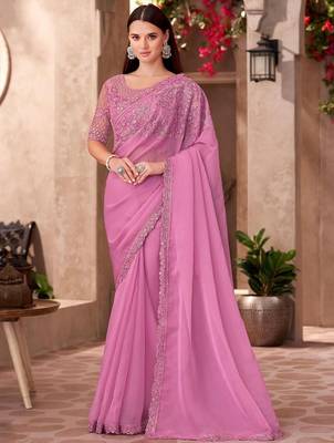 Pink ethnic motifs embellished sequinned  chiffon saree 1