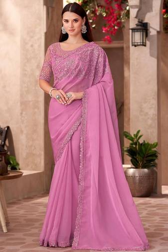 Pink ethnic motifs embellished sequinned  chiffon saree