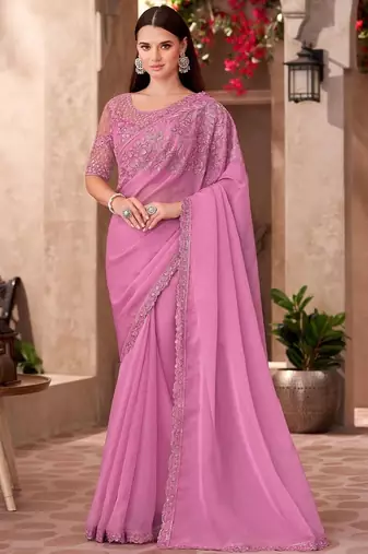 Pink ethnic motifs embellished sequinned  chiffon saree