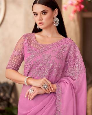 Pink ethnic motifs embellished sequinned  chiffon saree 2
