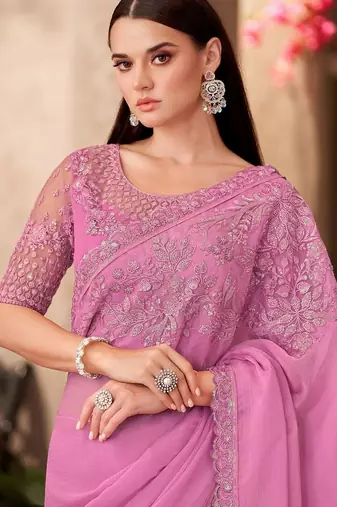 Pink ethnic motifs embellished sequinned  chiffon saree
