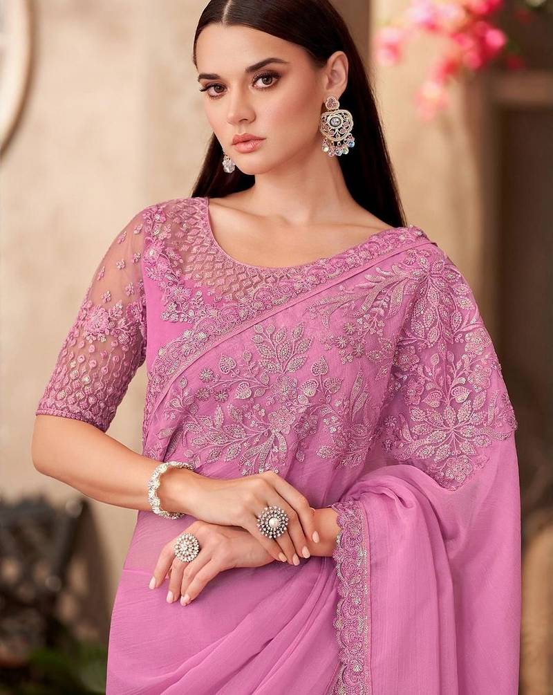 Pink ethnic motifs embellished sequinned  chiffon saree