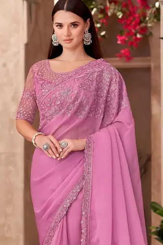 Pink ethnic motifs embellished sequinned  chiffon saree