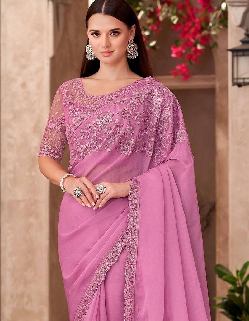Pink ethnic motifs embellished sequinned  chiffon saree