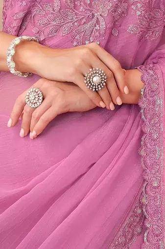 Pink ethnic motifs embellished sequinned  chiffon saree