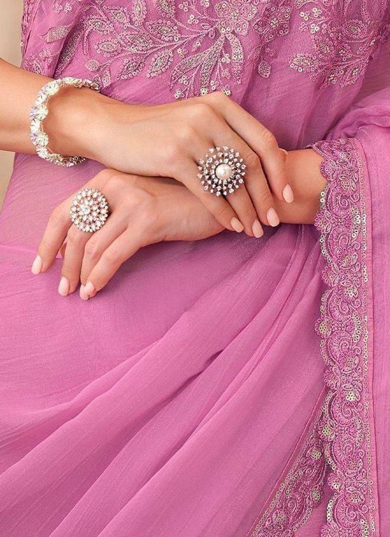 Pink ethnic motifs embellished sequinned  chiffon saree