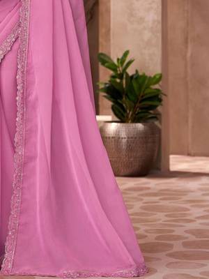 Pink ethnic motifs embellished sequinned  chiffon saree 5