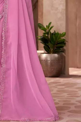 Pink ethnic motifs embellished sequinned  chiffon saree
