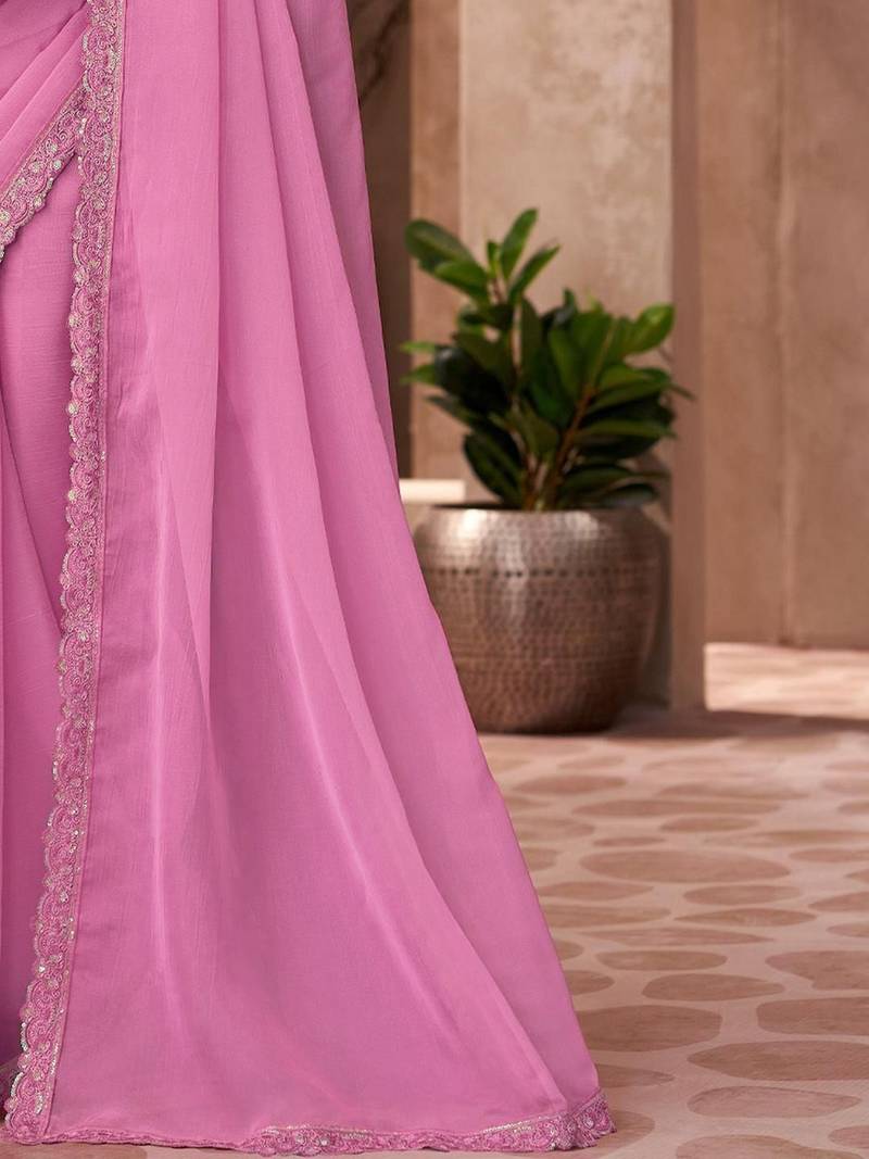 Pink ethnic motifs embellished sequinned  chiffon saree