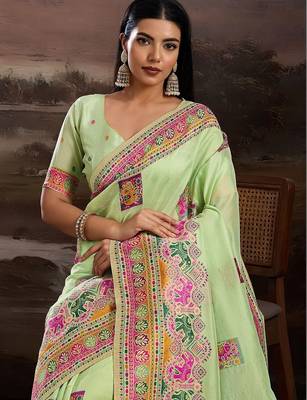 Lime ethnic motifs embroidered silk blend heavy work banarasi saree 1