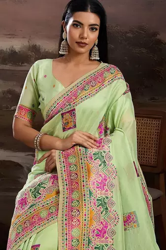 Lime ethnic motifs embroidered silk blend heavy work banarasi saree