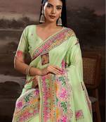 Lime ethnic motifs embroidered silk blend heavy work banarasi saree