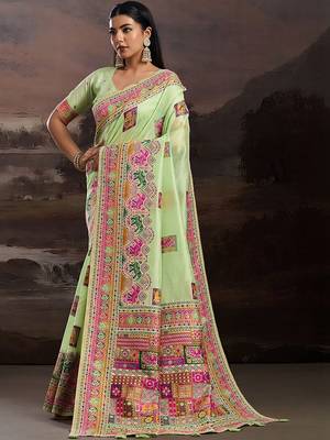 Lime ethnic motifs embroidered silk blend heavy work banarasi saree 2