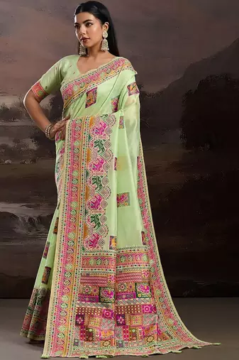 Lime ethnic motifs embroidered silk blend heavy work banarasi saree