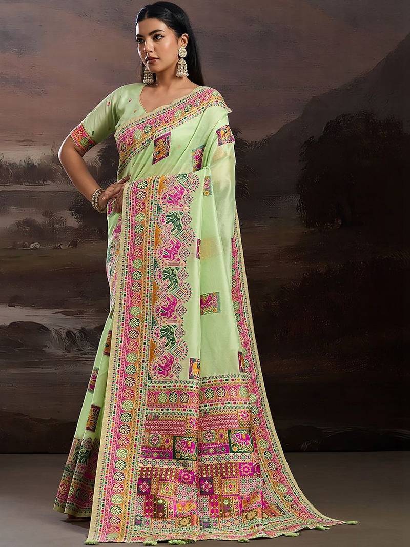 Lime ethnic motifs embroidered silk blend heavy work banarasi saree