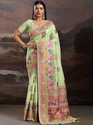 Lime ethnic motifs embroidered silk blend heavy work banarasi saree 3