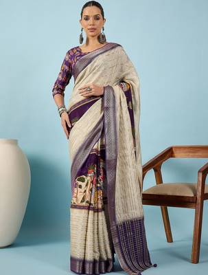 Cream ethnic motifs zari silk blend tussar saree 1