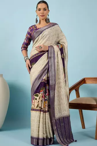Cream ethnic motifs zari silk blend tussar saree