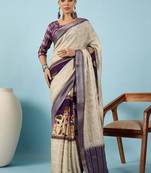 Cream ethnic motifs zari silk blend tussar saree