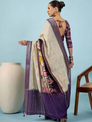 Cream ethnic motifs zari silk blend tussar saree 2