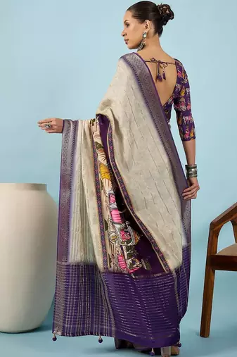 Cream ethnic motifs zari silk blend tussar saree