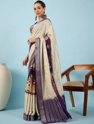 Cream ethnic motifs zari silk blend tussar saree 3