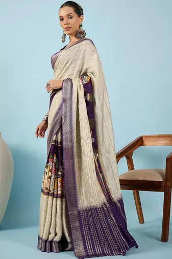 Cream ethnic motifs zari silk blend tussar saree