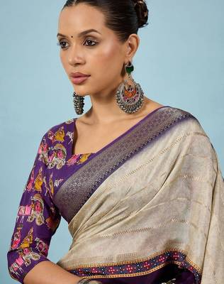 Cream ethnic motifs zari silk blend tussar saree 4