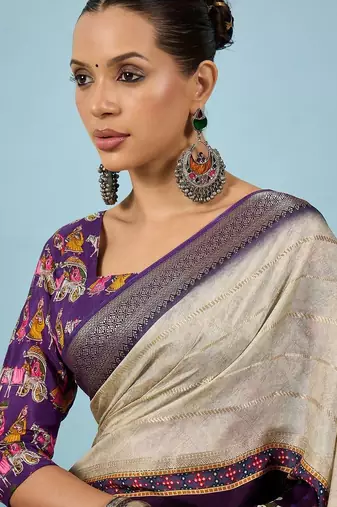 Cream ethnic motifs zari silk blend tussar saree