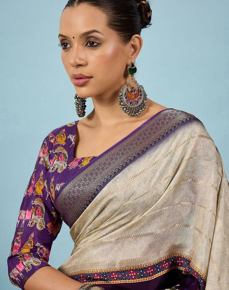 Cream ethnic motifs zari silk blend tussar saree