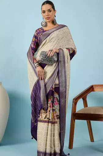 Cream ethnic motifs zari silk blend tussar saree