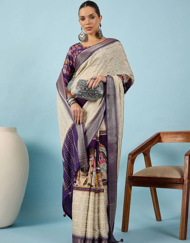 Cream ethnic motifs zari silk blend tussar saree