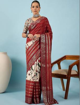 Maroon floral zari silk blend tussar saree 1