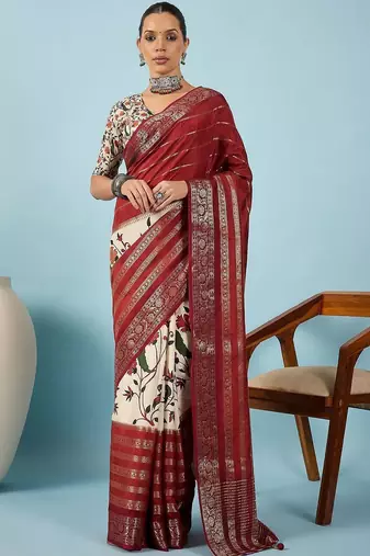 Maroon floral zari silk blend tussar saree
